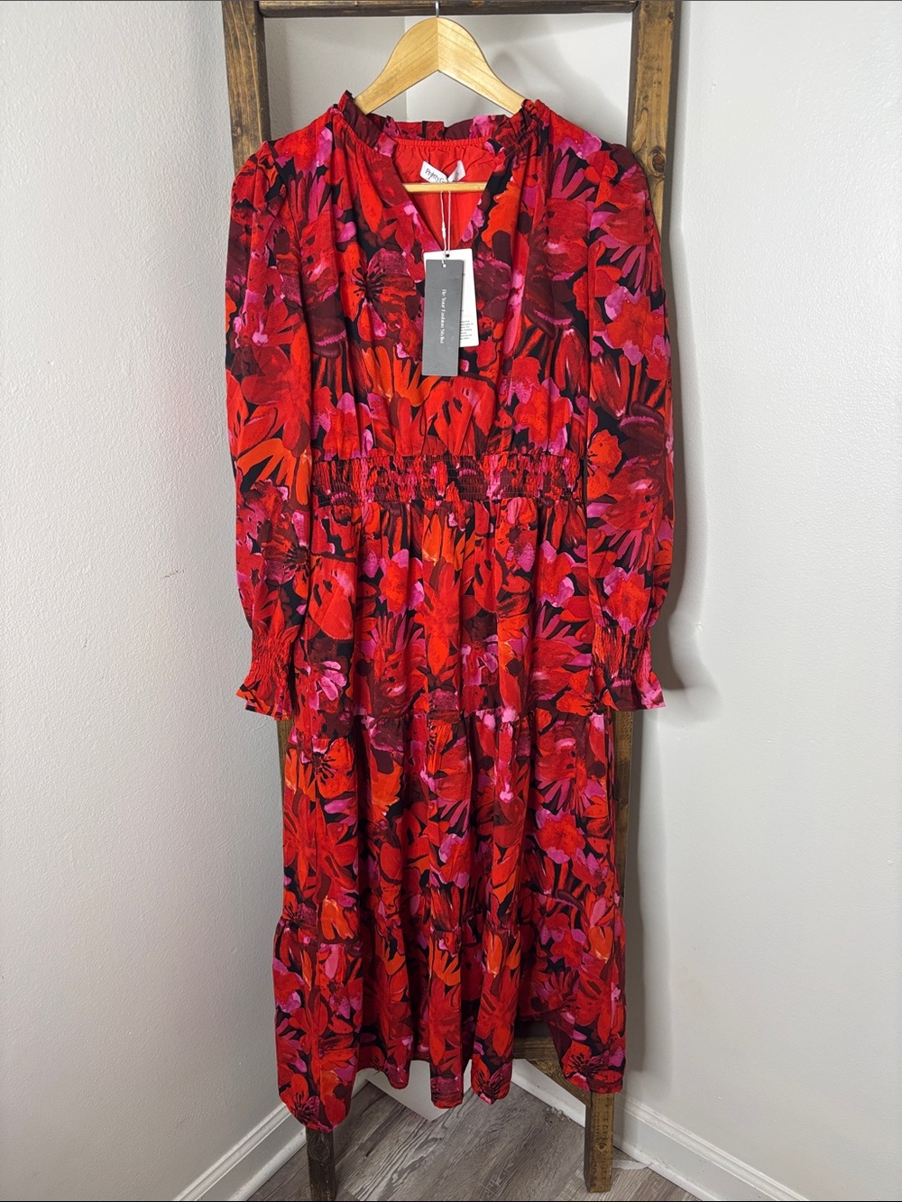 PrettyGarden Vivid Red Floral Maxi Dress with Smocked Waist Size S